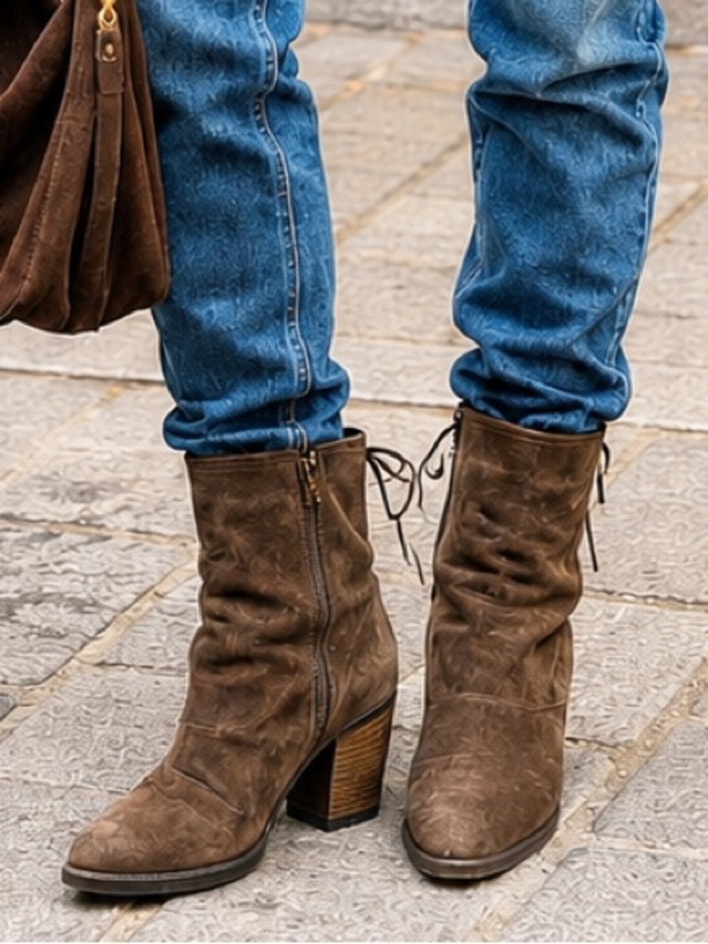 Bos & Co SZ 9/EU 40 brown suede slouch lace up rear w/side zip, rubber soled EUC